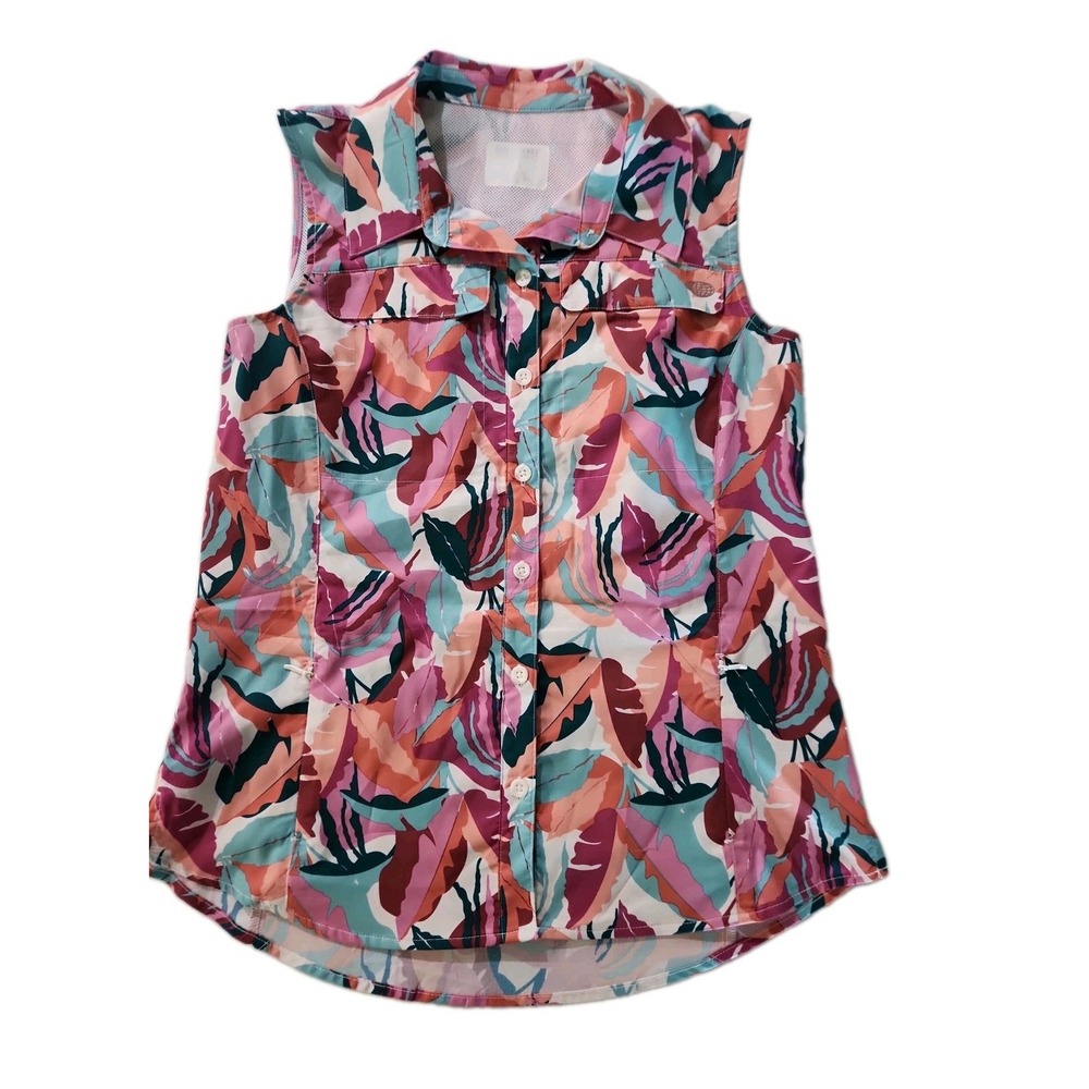 Reel Legends Sleeveless Top Two Zip Pockets Vented Back Pink Orange White Teal M